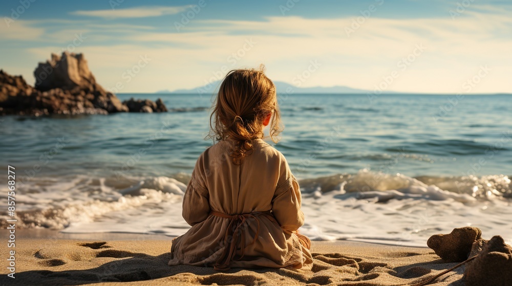 A child sitting quietly in a meditation pose on a beach, with the ocean waves in the background, emphasizing the calming effects of mindfulness in nature. Illustration, Minimalism, A child sitting quietly in a meditation pose on a beach, with the ocean waves in the background, emphasizing the calming effects of mindfulness in nature. Illustration, Minimalism,