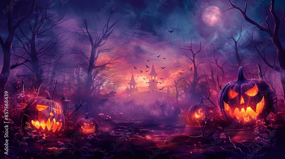 An eerie forest scene with glowing jack-o-lanterns and dark bats flying in the twilight, creating a spookily atmospheric Halloween backdrop perfect for themed projects. An eerie forest scene with glowing jack-o-lanterns and dark bats flying in the twilight, creating a spookily atmospheric Halloween backdrop perfect for themed projects.
