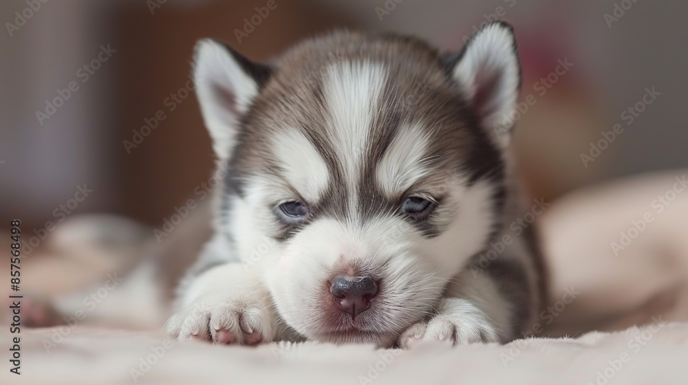 Adorable Husky Puppy Resting on Soft Blanket Adorable Husky Puppy Resting on Soft Blanket
