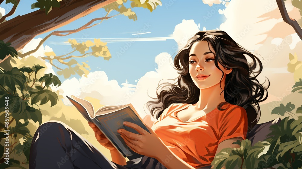 A teen lying on a hammock in a sunny backyard, reading a book with a relaxed expression, showcasing the importance of leisure time for mental health. Illustration, Minimalism, A teen lying on a hammock in a sunny backyard, reading a book with a relaxed expression, showcasing the importance of leisure time for mental health. Illustration, Minimalism,