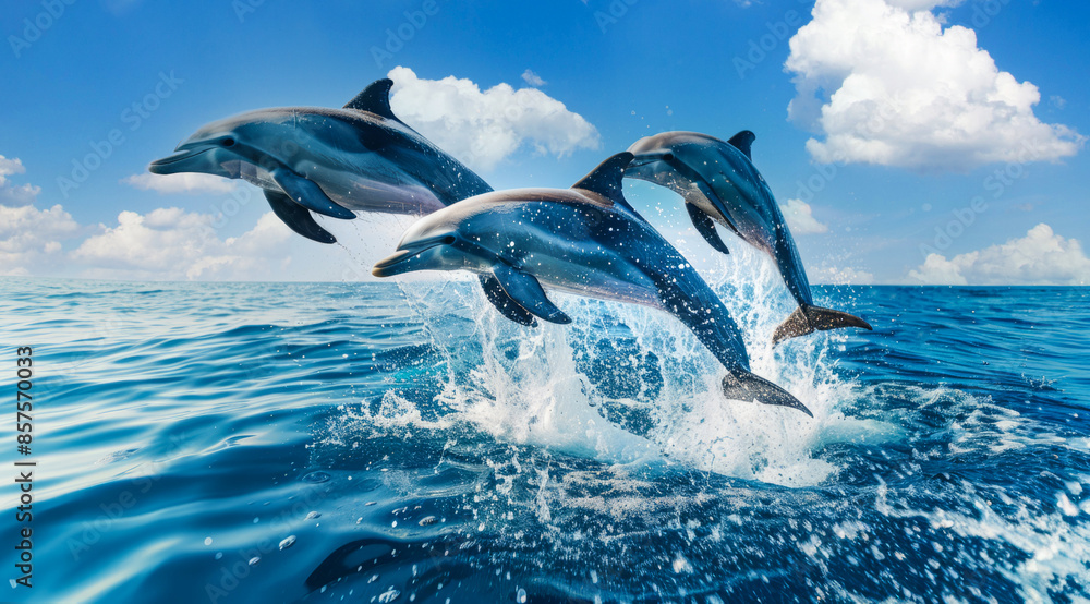Fototapeta premium Playful dolphins are leaping and jumping out of the water in a blue ocean