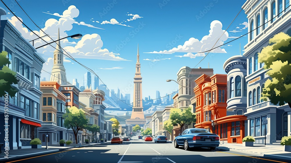 Naklejka premium A bustling paper street scene in a famous city, with paper taxis, paper pedestrians, and detailed paper storefronts, capturing the energy and vibrancy of urban life. Illustration, Minimalism,