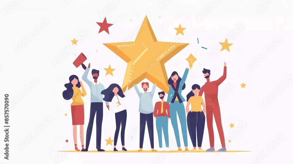 HR recognition concept. Best employee and specialist with great reputation online. Business success. Tiny people professionals. Modern flat cartoon style. Vector illustration on white background very HR recognition concept. Best employee and specialist with great reputation online. Business success. Tiny people professionals. Modern flat cartoon style. Vector illustration on white background very