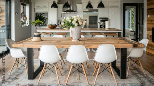 Chic Dining Room Decor - Light wood table with black metal legs, white chairs with light wood legs, and a simple centerpiece of fresh flowers photo