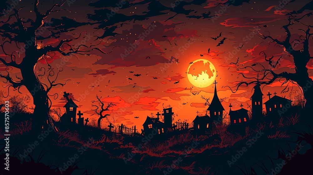 An eerie graveyard under a full moon with bats flying, old tombstones, and gnarled trees silhouetted against the ominous red-orange sky, creating a spooky atmosphere. An eerie graveyard under a full moon with bats flying, old tombstones, and gnarled trees silhouetted against the ominous red-orange sky, creating a spooky atmosphere.