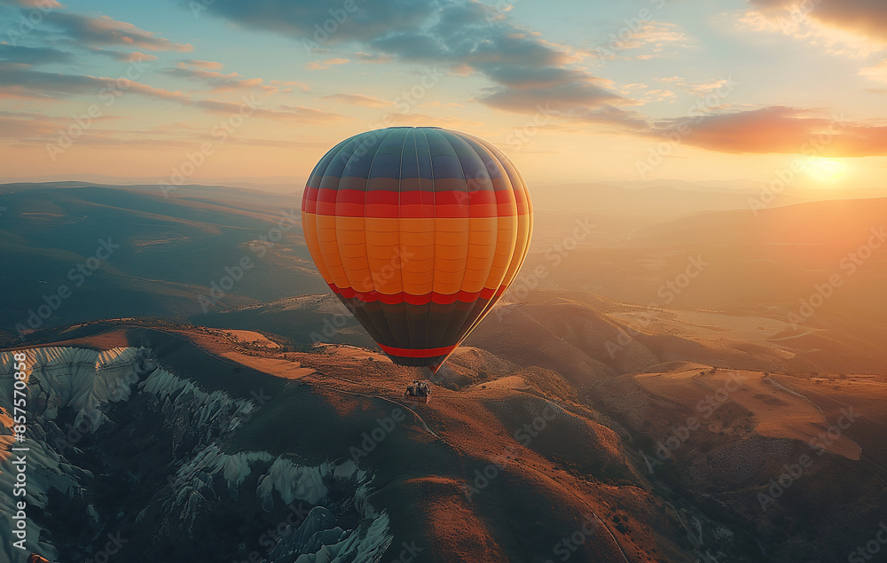 Obraz premium Hot Air Balloon Soaring Over Rolling Hills at Sunrise, Capturing the Beauty of Adventure and Scenic Landscapes