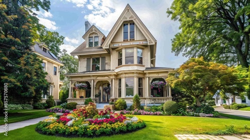 A large house with a beautiful garden in front of it. Generate AI image