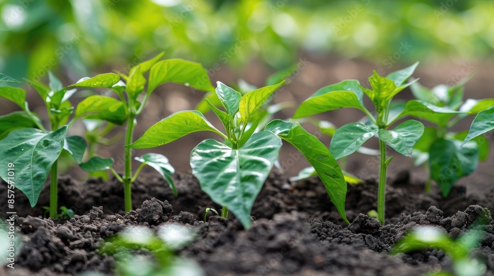 Growing young pepper seedlings in damp soil during the spring season Fresh sprouts in the outdoors vertical photo with empty space Growing young pepper seedlings in damp soil during the spring season Fresh sprouts in the outdoors vertical photo with empty space