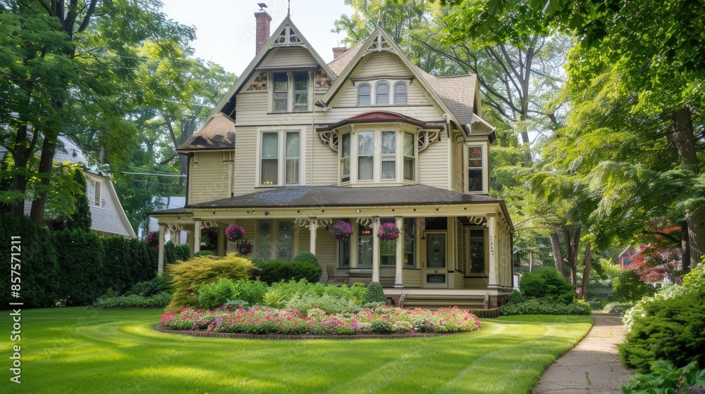 A large house with a beautiful garden in front of it. Generate AI image A large house with a beautiful garden in front of it. Generate AI image