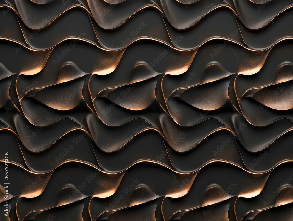 Fototapeta premium Glossy metallic bronze shapes form a seamless pattern on a dark background.