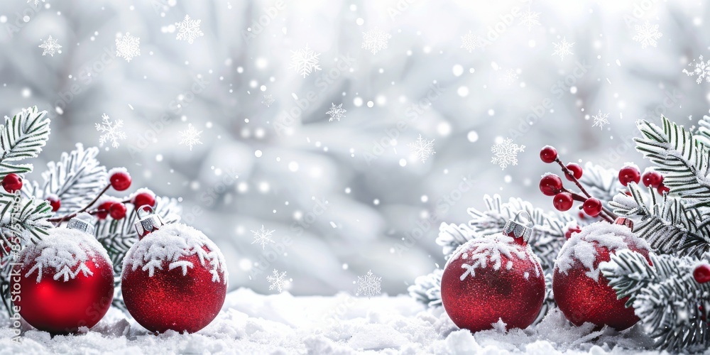 Enjoy the festive ambiance of holiday decorations with snow and red ornaments, bringing sophistication and joy. Embrace the beautiful winter scenery and the joy of Christmas festivities Enjoy the festive ambiance of holiday decorations with snow and red ornaments, bringing sophistication and joy. Embrace the beautiful winter scenery and the joy of Christmas festivities