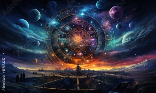 Celestial Zodiac: Vibrant Digital Illustration of Zodiac Wheel Surrounded by Stars and Nebulae