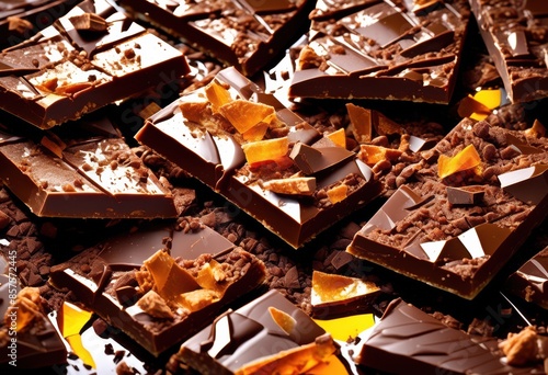 cracked chocolate bars shattered into sweet confectionery dessert ingredients, cocoa, candy, snack, treat, gourmet, delicious, tasty, baking, recipe © Yaraslava