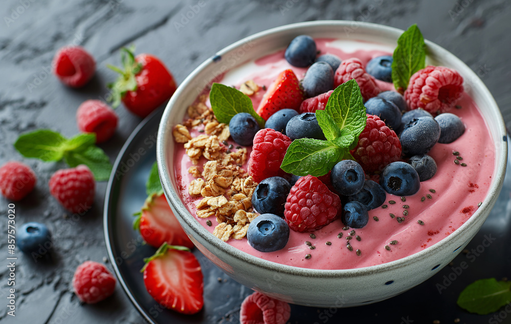 Fresh Berry Smoothie Bowl with Granola and Mint Leaves, Highlighting Healthy Eating and Delicious Breakfast Options Fresh Berry Smoothie Bowl with Granola and Mint Leaves, Highlighting Healthy Eating and Delicious Breakfast Options