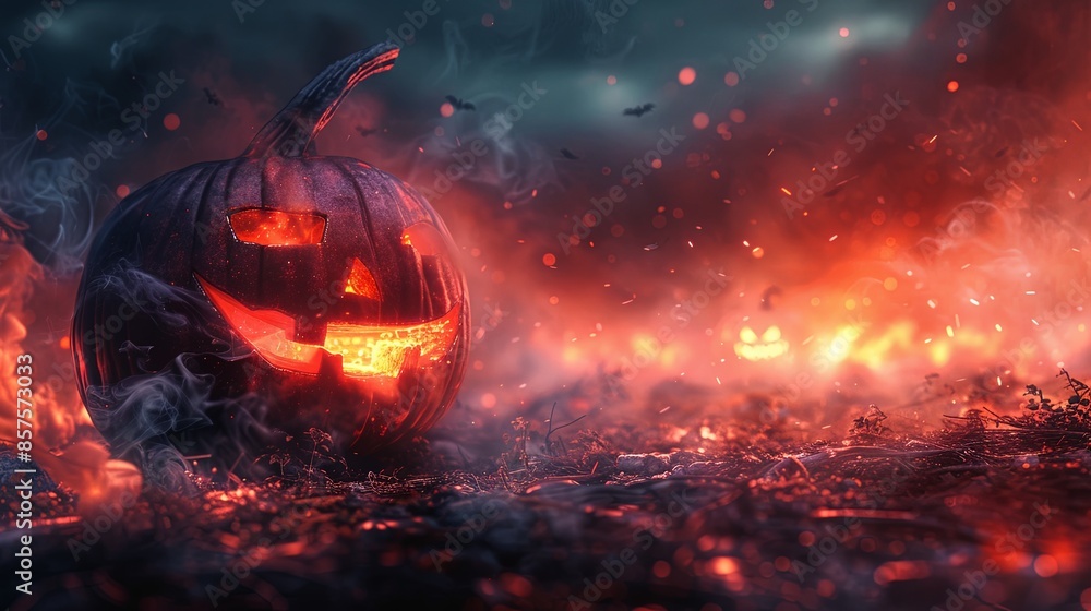 A vividly glowing jack-o-lantern sits in a fiery, misty landscape at night, offering a spooky Halloween ambiance with swirling smoke and dark, foreboding skies. A vividly glowing jack-o-lantern sits in a fiery, misty landscape at night, offering a spooky Halloween ambiance with swirling smoke and dark, foreboding skies.