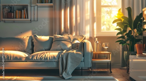 Modern living room with grey sofa  decorative pillows  light blanket  stylish bar cabinet with glassware  sunlight  striped curtains