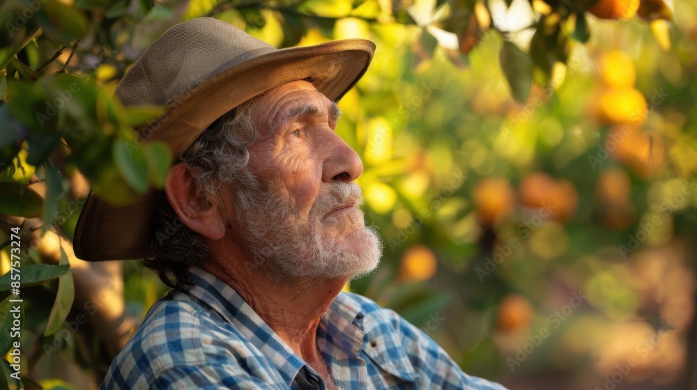 Elderly man in a hat sitting under an orange tree, gazing thoughtfully with a backdrop of ripe oranges and leaves in the sunlight. Elderly man in a hat sitting under an orange tree, gazing thoughtfully with a backdrop of ripe oranges and leaves in the sunlight.