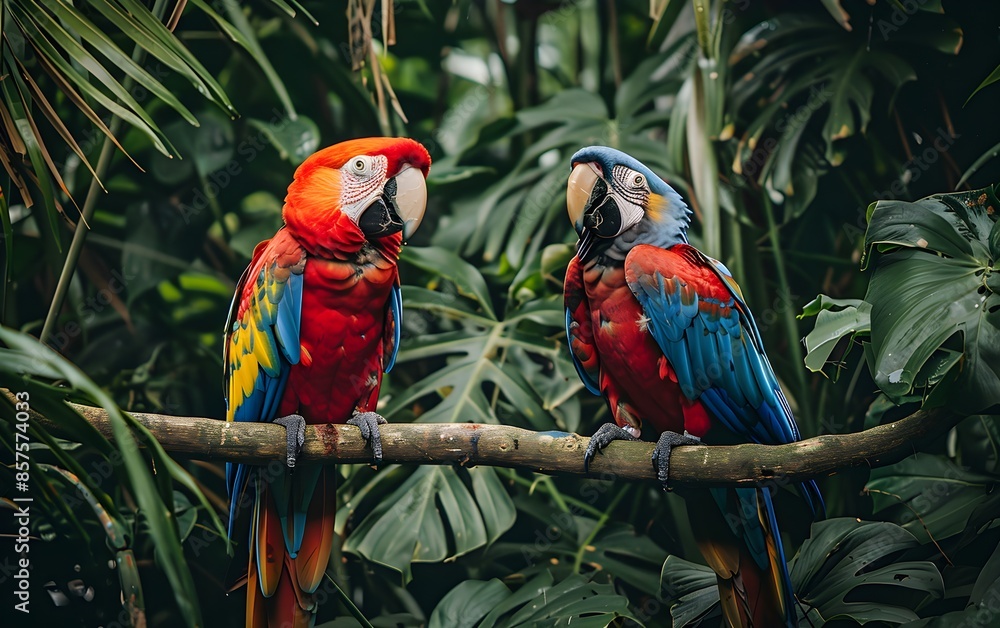 Obraz premium Two colorful parrots resting on a branch, surrounded by a rainforest