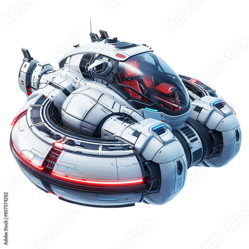 Futuristic hover vehicle with sleek design and advanced technology, showcasing innovative transportation in a futuristic setting. photo