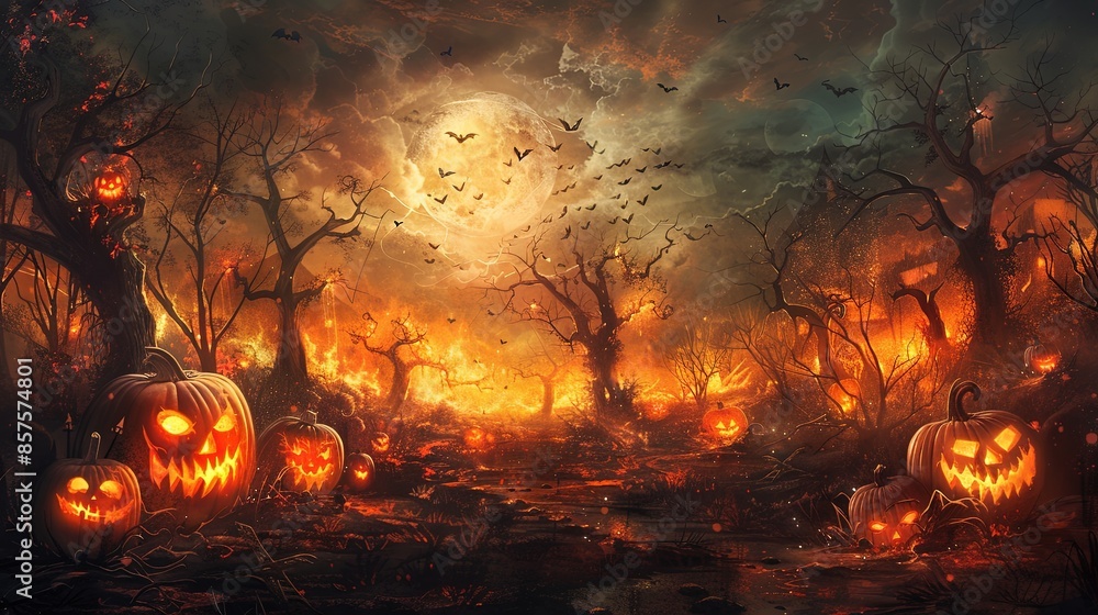 This image shows a haunted forest filled with glowing jack-o'-lanterns under a full moon, with barren trees and an eerie, spooky atmosphere, perfect for Halloween. This image shows a haunted forest filled with glowing jack-o'-lanterns under a full moon, with barren trees and an eerie, spooky atmosphere, perfect for Halloween.