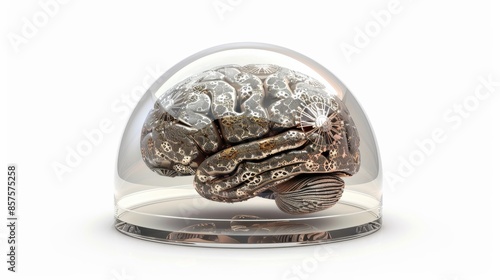 a luminous brain encased in a transparent dome, merging seamlessly with intricate clockwork patterns