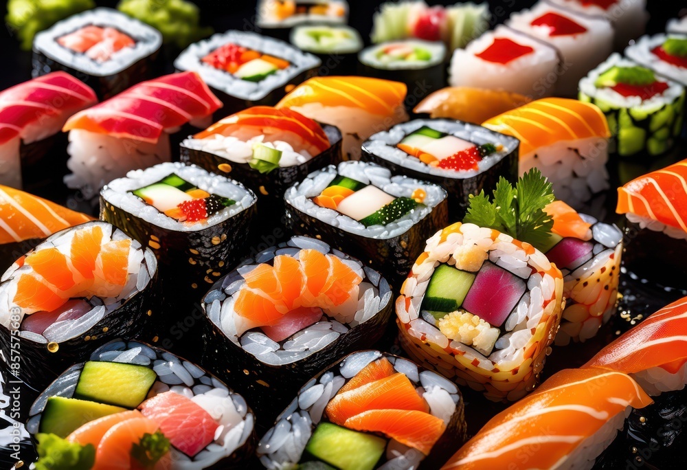 shiny sushi rolls adorned droplets soy sauce, drops, glistening, seafood, appetizing, culinary, gourmet, meal, dinner, lunch, traditional, asian shiny sushi rolls adorned droplets soy sauce, drops, glistening, seafood, appetizing, culinary, gourmet, meal, dinner, lunch, traditional, asian