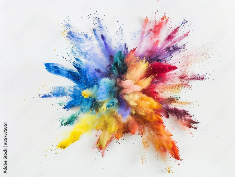 Vibrant colored powder explosions suspended mid-air on white backdrop Vibrant colored powder explosions suspended mid-air on white backdrop
