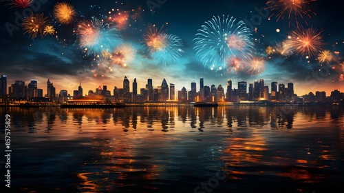 New years eve, vibrant fireworks display, night sky illuminated with bursting lights and city skyline © Nattawee