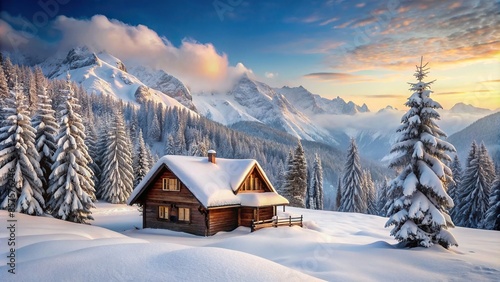 Snow-covered winter landscape with a cozy house nestled among the mountains , snow, winter, landscape, house, mountains, snowy, cold photo