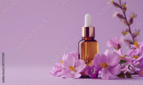 natural essential oil glass dropper bottle with fresh purple flowers on violet background