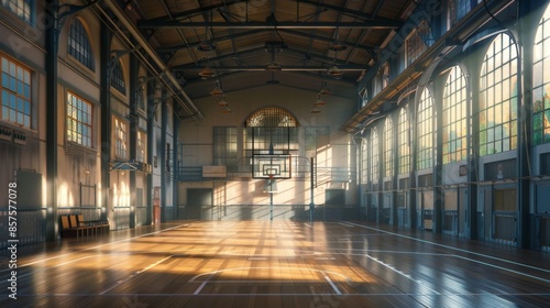 Vintage Gymnasium with Sunlight Streaming Through Windows Generative AI