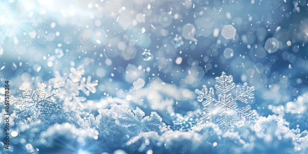 Obraz premium Ethereal Winter Snowflakes in a Blizzard, creating a captivating scene. Delicate snowflakes sparkle in the gentle blizzard, turning the landscape into a magical wonderland of white
