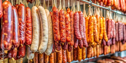 Variety of traditional Spanish sausages on display in butcher shop , Spanish, sausages, meat products, cured photo