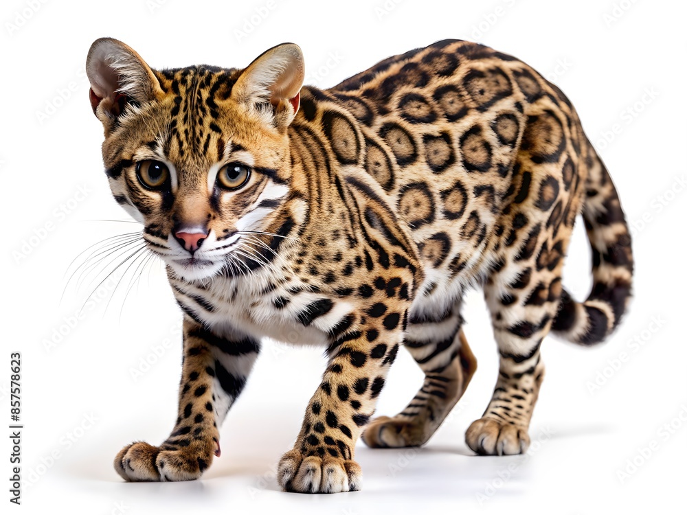 Obraz premium A margay, leopardus wiedii, is a small wild cat native to central and south america. it is a solitary, nocturnal animal that spends most of its time in trees.