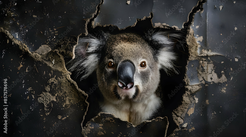 Obraz premium A koala's face through a ripped hole