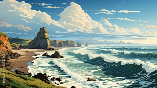 A rugged coastline with dramatic cliffs and crashing waves, showcasing the raw power and beauty of the ocean against a backdrop of stormy skies. Illustration, Minimalism,