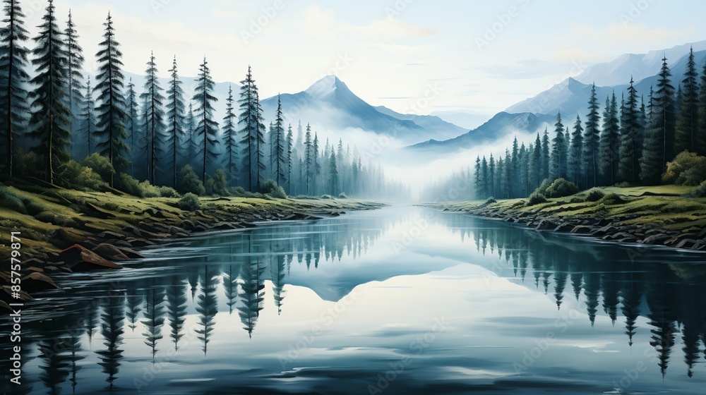 A serene forest lake at dawn, with mist rising from the surface of the ...