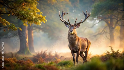 Majestic stag standing gracefully in a misty woods , wildlife, nature, beauty, tranquil, foggy, mystical, enchanting, autumn © surapong