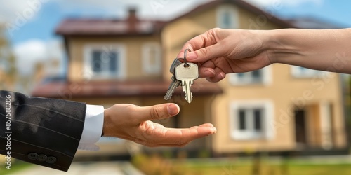 Photo of the hands of two people exchanging a set of house keys with a home in the background.  Real estate themed