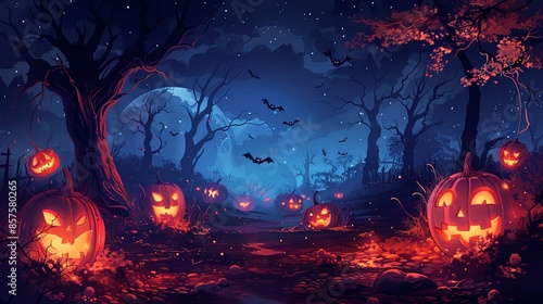 A dark Halloween pathway lit by multiple glowing jack-o-lanterns, surrounded by ominous trees and flying bats under a starry sky, capturing the essence of Halloween night. © Barosanu