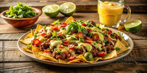 A delicious plate of loaded nachos with beer cheese, meat, lemon avocado sauce placed on a wooden table, latinfood photo