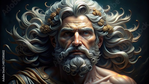Artistic representation of Zeus in Greek mythology on a black background, created through generative art © surapong
