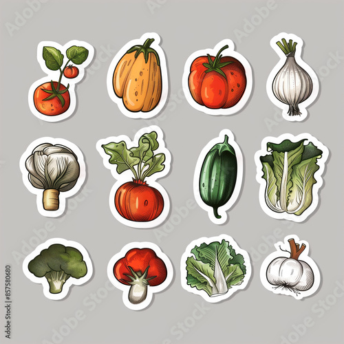 Collection of illustrated vegetable stickers featuring tomatoes, onions, lettuce, and more. Artistic and detailed designs for educational or decorative purposes.