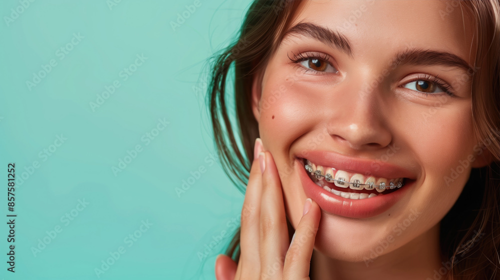 Close-up of a smiling young woman with braces, touching her face against a turquoise background.