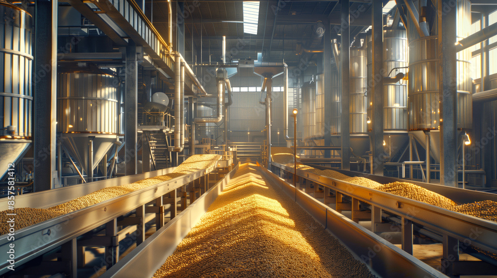 Large production hall processing animal feed with conveyor belts and machinery. Modern industrial agriculture. Large production hall processing animal feed with conveyor belts and machinery. Modern industrial agriculture.