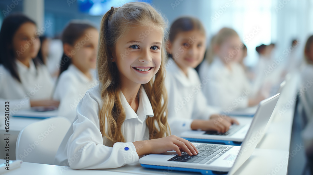 Smiling children learning programming on laptops in a classroom. Engaging and modern educational environment.