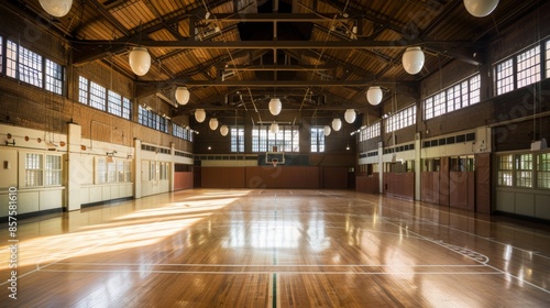 Empty Vintage Basketball Court with Wooden Flooring Generative AI