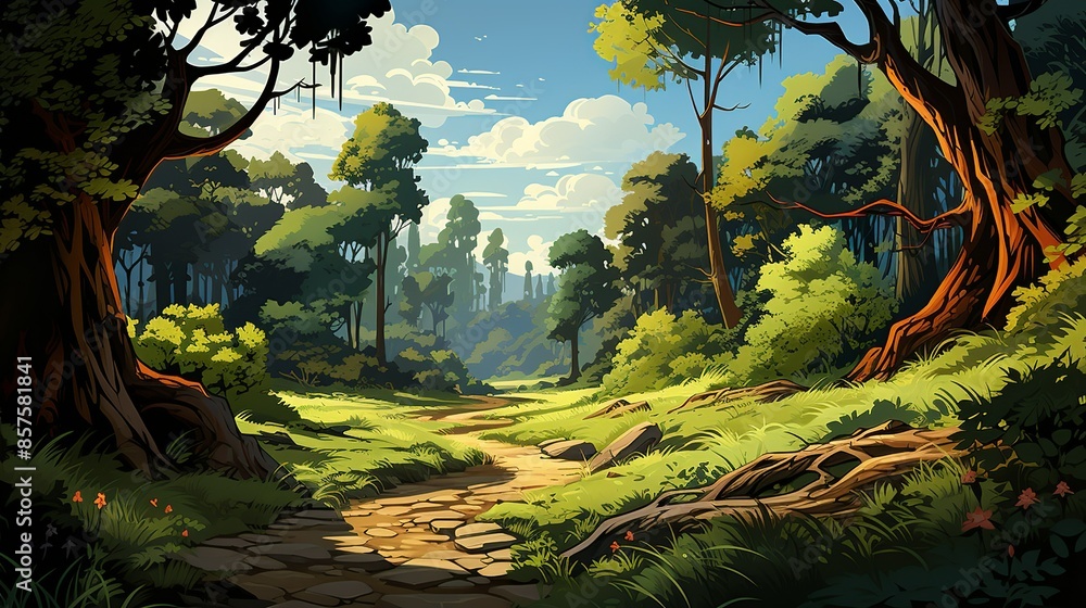 Obraz premium A peaceful forest path winding through a dense woodland, with dappled sunlight filtering through the canopy and casting soft shadows on the ground. Illustration, Minimalism,
