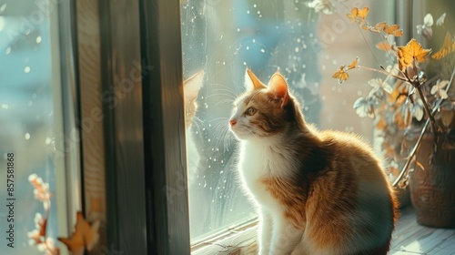 Cat pet perches on window photo