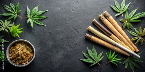 Energizing cannabis pre-rolls and edibles on a modern black background , energizing, cannabis, pre-rolls, edibles, marijuana photo